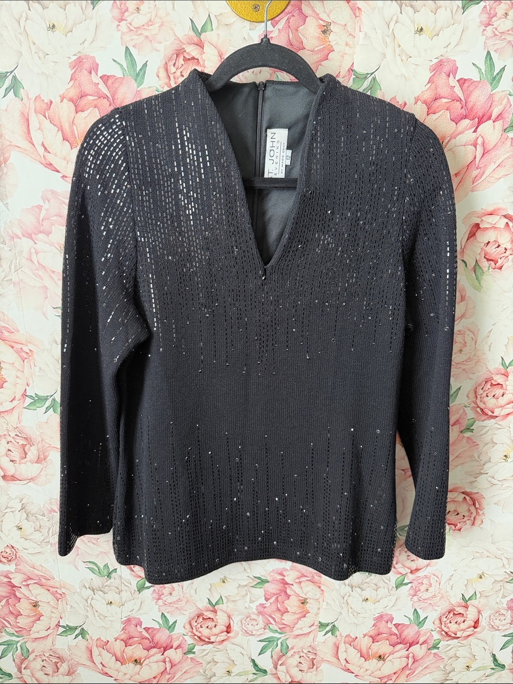 EUC St John EVENING Black Sequin Long Sleeve Santana Knit Blouse Top size 12